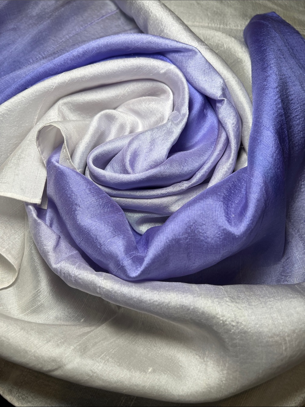 100% Silk Dupioni Handrolled Edge Hand-Dyed Purple Cream Ombre Gradient Scarf